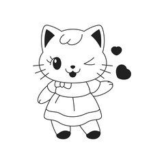 Y2k funny Kawaii cute girl cat wink with heart love outline black icon vector flat illustration