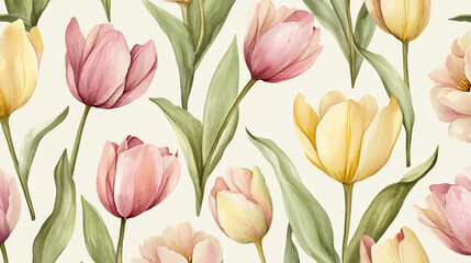 A classic seamless watercolor floral pattern featuring intricate tulips and leaves in soft pastel hues of pink, yellow, and green, evoking a sense of timeless elegance.