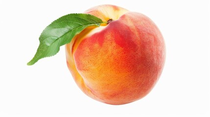 Peach with a stem, showcasing its vivid color and natural freshness, isolated background, perfect for marketing use with space for text