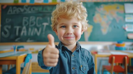 Boy gives thumbs up in classroom