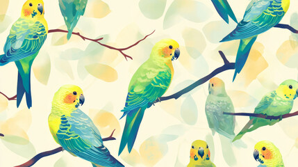 Obraz premium A pattern of colorful parakeets with feathers in shades of green, blue, and yellow, perched on branches, creating a cheerful and lively background.