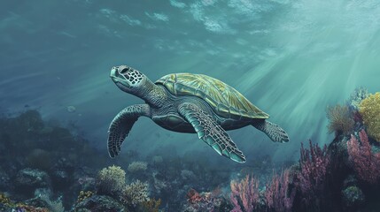 Sea Turtle Swimming Through Coral Reef in Sunlight