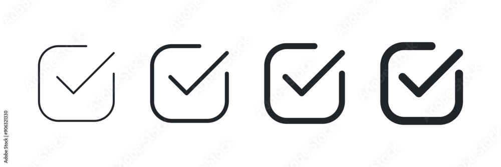Wall mural simple checkmark in a box set with different line width. correct, approved symbol. vector icons in f
