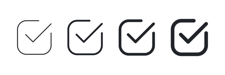Simple checkmark in a box set with different line width. Correct, approved symbol. Vector icons in flat style