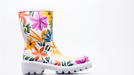 Stylish rain boots with vibrant patterns, isolated on a white background, offering plenty of room for copy text or graphic elements