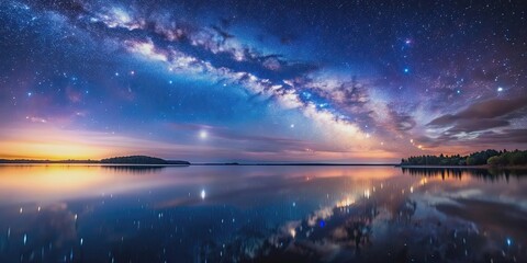 Fototapeta premium Stunning starry night sky reflecting on calm water surface, Milky Way, night sky, stars, natural background