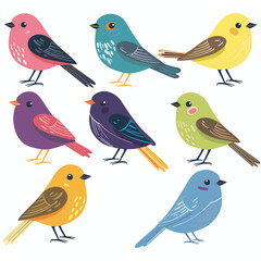 Colorful cartoon birds illustrated various poses, bird features different vibrant color pattern. Artistic representation avian wildlife playful, cute style