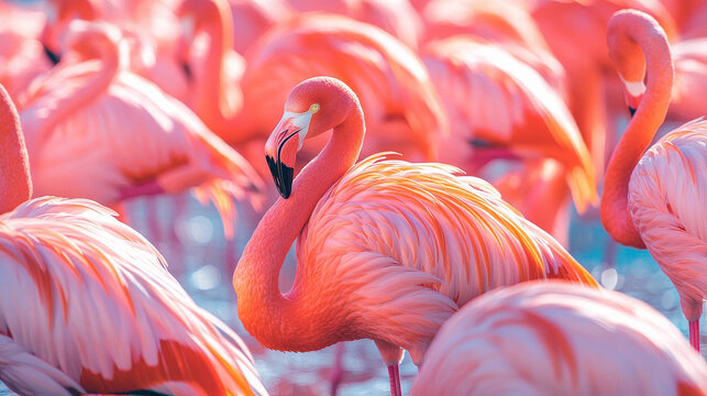 A pattern of vibrant flamingos standing in water, with feathers in shades of pink and coral, creating a lively and tropical background.