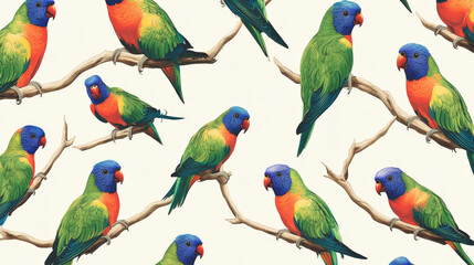 Obraz premium A pattern of colorful lorikeets with bright feathers in shades of green, blue, and red, perched on branches, creating a tropical and lively background.