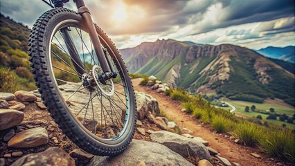 Front wheel of a mountain bike in a rocky terrain, mountain bike, front wheel, off-road, trail, adventure, cycling, sport