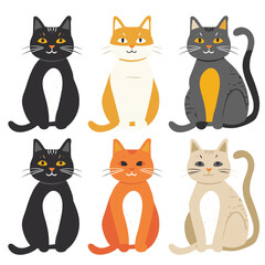Six cute cartoon cats sitting, various colors patterns. Feline friends illustration, different coat designs, playful pet theme. Simple stylized cat characters, charming animal collection graphic