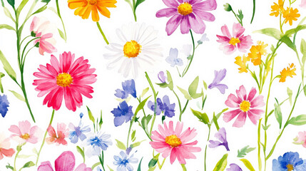 A whimsical seamless watercolor floral pattern with a variety of daisies and wildflowers in vibrant, cheerful colors, evoking a sense of playfulness and joy.