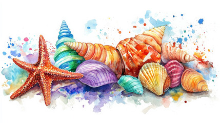 Vibrant watercolor artwork of colorful seashells and starfishes, creating a lively and dynamic scene on a white background.