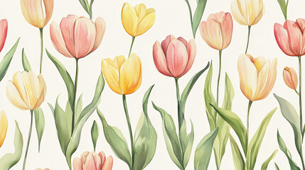Obraz premium A classic seamless watercolor floral pattern featuring intricate tulips and leaves in soft pastel hues of pink, yellow, and green, evoking a sense of timeless elegance.