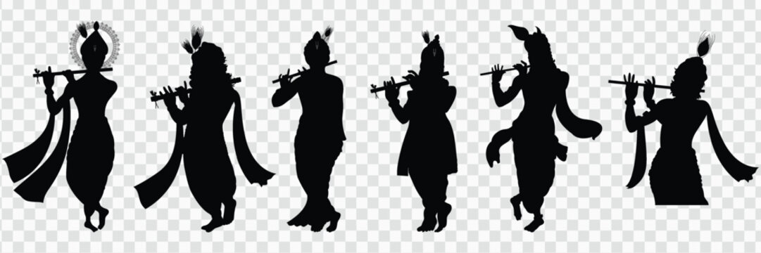 Janmashtami, Festival. Krishna Janmashtami, Banner, Happy Janmashtami, illustration Art, Krishna Janmashtami Poster, Silhouette Collection of Krishna Playing Flute with Peacock Feather for. Design