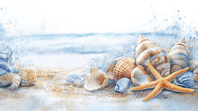 Artistic watercolor depiction of seashells and starfishes in muted blue and brown tones, creating a calming scene on a white background.