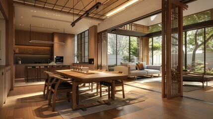 Modern Japanese-Style Dining Room With Wooden Accents and Natural Light