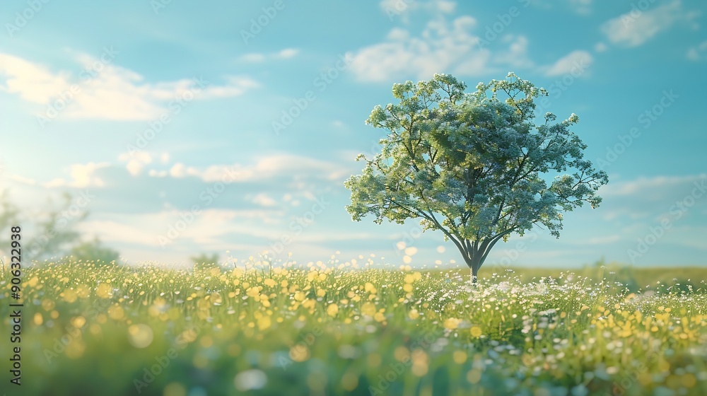 Poster blurred photogreen tree background view of the wild grass lawn light sky : generative ai