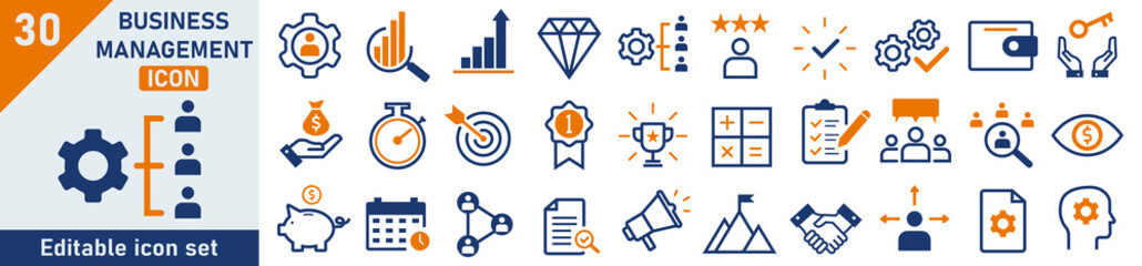 Business management icon set. Set of 30 outline icons related to management, functions, principles, goals. Linear icon collection. Business management outline icons collection. Editable stroke.