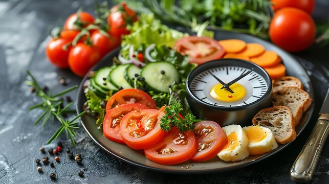 Intermittent fasting IF and ketogenic diet concept with 8hour clock timer for eating nutritional or keto LCHF low carb high fat food meal healthy dish and 16hour skipping meal for weig : Generative AI