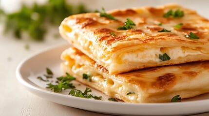 Moldovan placinte, stuffed with cheese and greens, stacked on a white ceramic plate, small kitchen table, window light highlighting the flaky texture