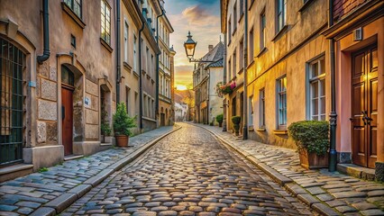 Fototapeta premium Narrow cobblestone street in the historic old town , vintage, architecture, alley, centuries-old, picturesque