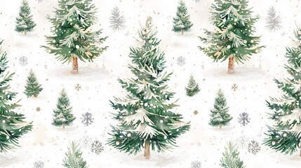 Watercolor pattern of evergreen trees with snow on a white background. Concept of winter forest, nature art, seasonal decoration, holiday design. Festive background
