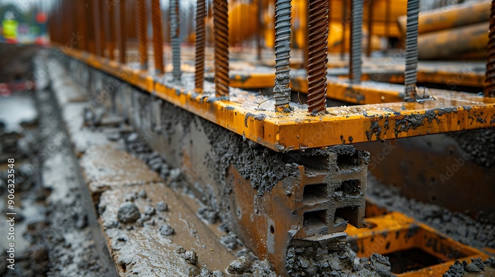 Poster large reinforced concrete structures at the construction site preparation for the installation of re