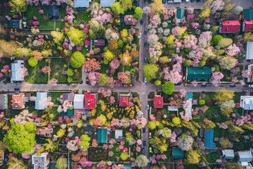 Fototapeta premium Aerial View of a Springtime Russian Neighborhood: Vibrant Blossoms and Urban Layout - Ideal for Posters and Cards