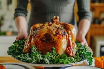 Woman holding a whole Thanksgiving turkey on a platter 