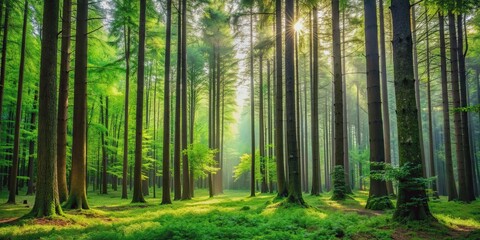 Dense forest view capturing trees in various life stages from saplings to towering mature trees wide format, forest, trees