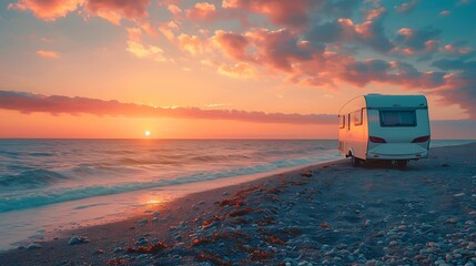 Sun rising over sea horizon day break and caravan parking on beach sea shore Travel with mobile home : Generative AI