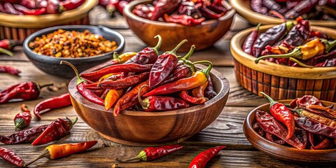 Fototapeta premium Close up of assorted Mexican dried chili peppers in bowls on wooden background, Mexican, dried, chile, chili peppers