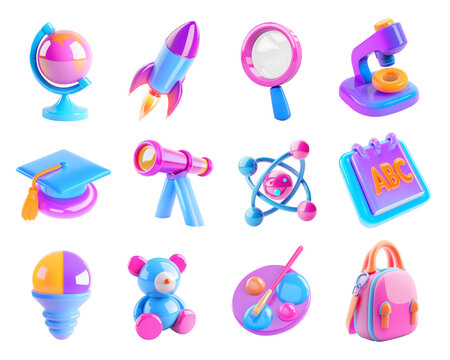 Education 3d isolated icon set. 3d illustrations on a transparent background. Globe, rocket, magnifying glass, microscope, academic cap, light bulb, bear toy, palette, backpack.