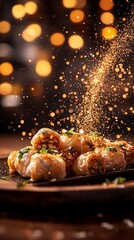 Obraz premium Thai spring rolls, fresh and fried varieties, arranged artistically on a wooden platter, vibrant festival setting