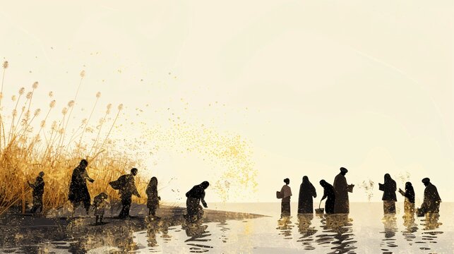 Serene Illustration of Silhouette People Performing the Tashlich Ceremony, Casting Bread Crumbs into a River