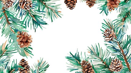 Fototapeta premium Watercolor Vector Winter Background with Fir Branches and Cones