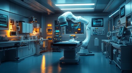 Smart healthcare facility with robotic surgery, depicting tech-driven health.