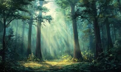 Fototapeta premium Sunbeams Illuminating a Path Through a Dense Forest