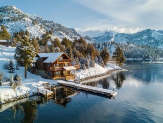 Obraz premium Snowy Lake Cabin
