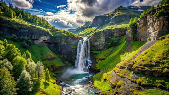 Waterfall cascading down a mountain side into a lush valley , nature, landscape, scenic, mountain, outdoors, waterfall