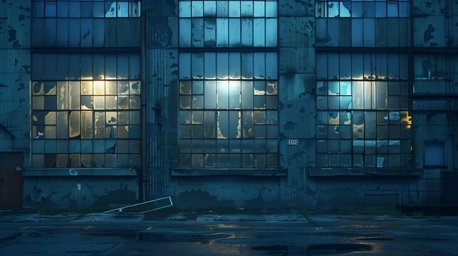 exterior of big old warehouse with windows at night : Generative AI