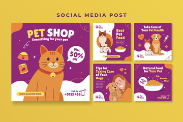 Pet shop social media post template with cat and dog vector illustration