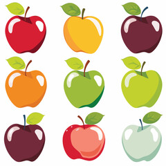 Colorful apples arrayed rows, various hues red green. Fresh fruit collection illustration, nine stylized apples. Organic food theme, cartoon apples, healthy eating concept