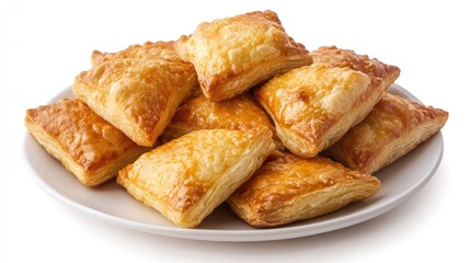 A plate of cheese bourekas with flaky pastry on a white background, ideal for marketing materials with copy space.