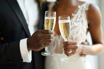 Interracial couple toasting with champagne on their wedding day