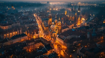 Krakow city center with St Marys Basilica from above in Krakow Poland : Generative AI