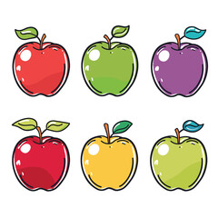 Six colorful apples, red, green, purple, yellow, vector illustration style. Cartoon apples, vibrant colors, leaf detail, white background. Stylized fruit, healthy food theme isolated graphic