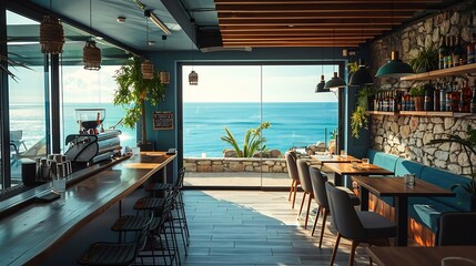 Fototapeta premium Interior of cozy restaurant with sea view Contemporary design in loft style modern dining place and bar counter : Generative AI