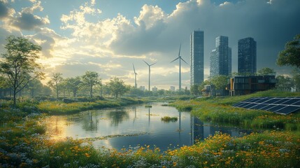 Naklejka premium Wind turbines and solar panels in a modern city, representing renewable energy.